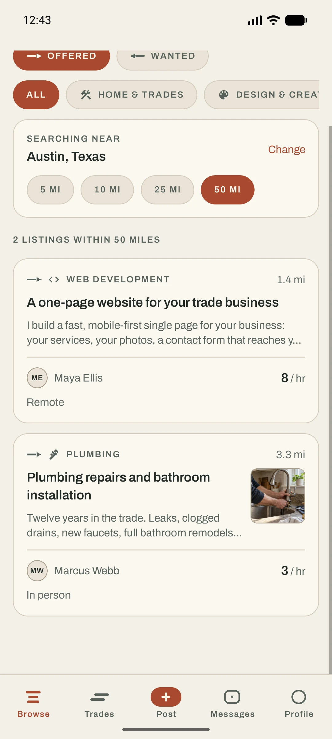 Quid Pro Browse screen showing local offers with a plumbing listing photo