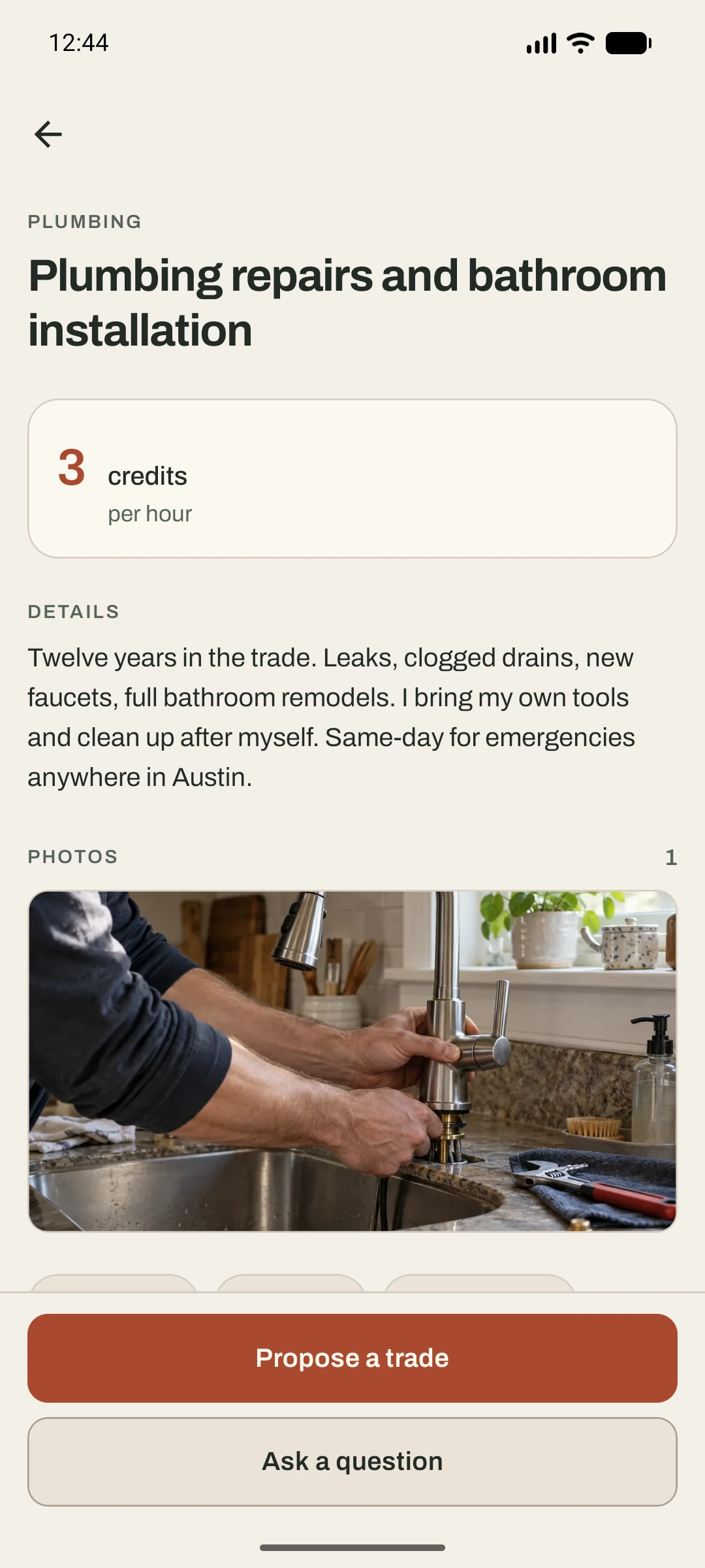 Quid Pro listing detail screen with a faucet repair photo and credit value