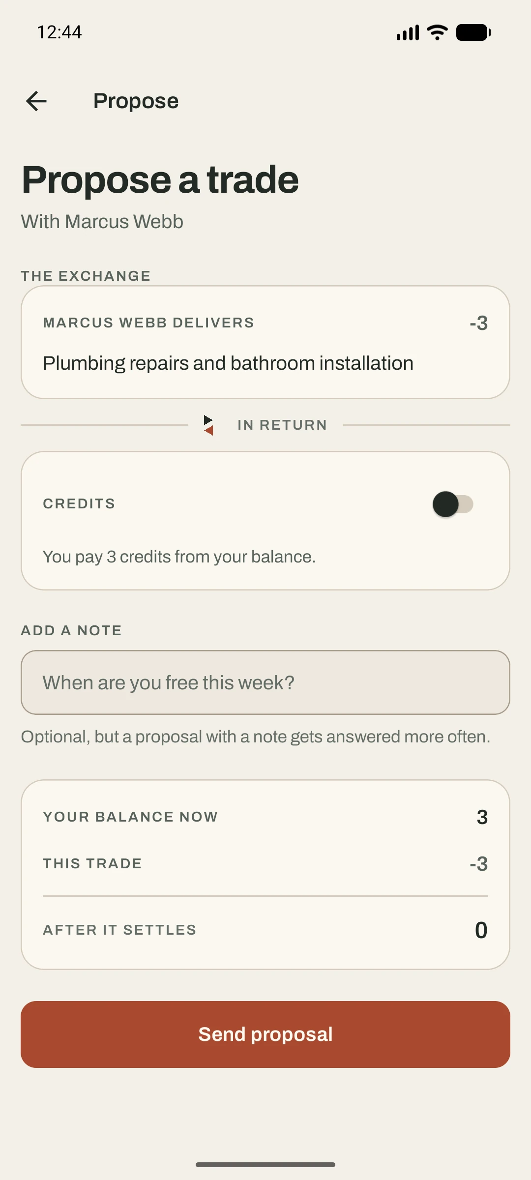Quid Pro proposal screen showing the work and credits in a trade