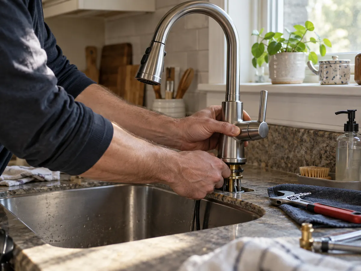 Hands fitting a kitchen faucet