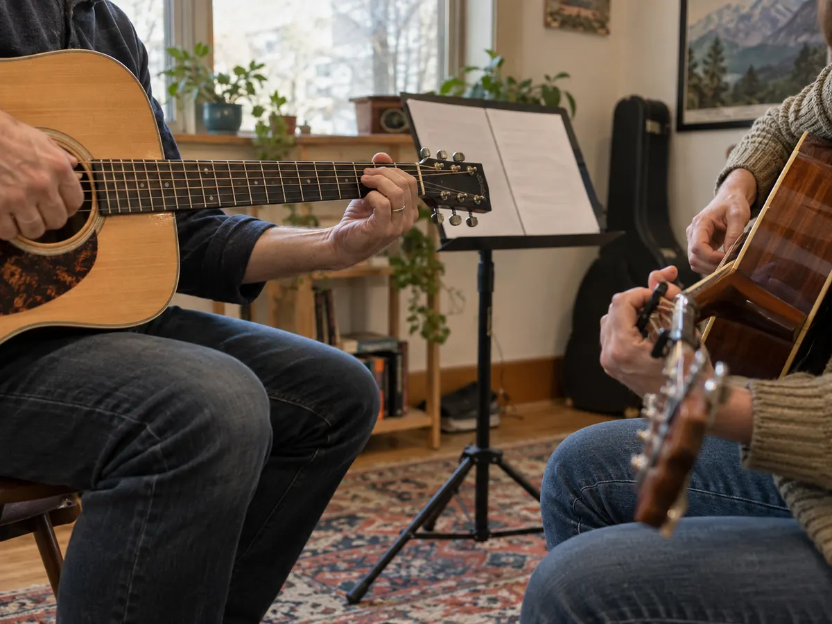 Two people practicing acoustic guitar